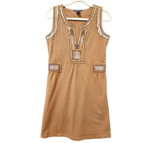 Boston Proper Boho‎ Dress Womens Size XS Tan Sequined Split Neck Sleeveless - Picture 1 of 16